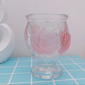 SOLD- Glass Vase with Frosted Pink Rose Details